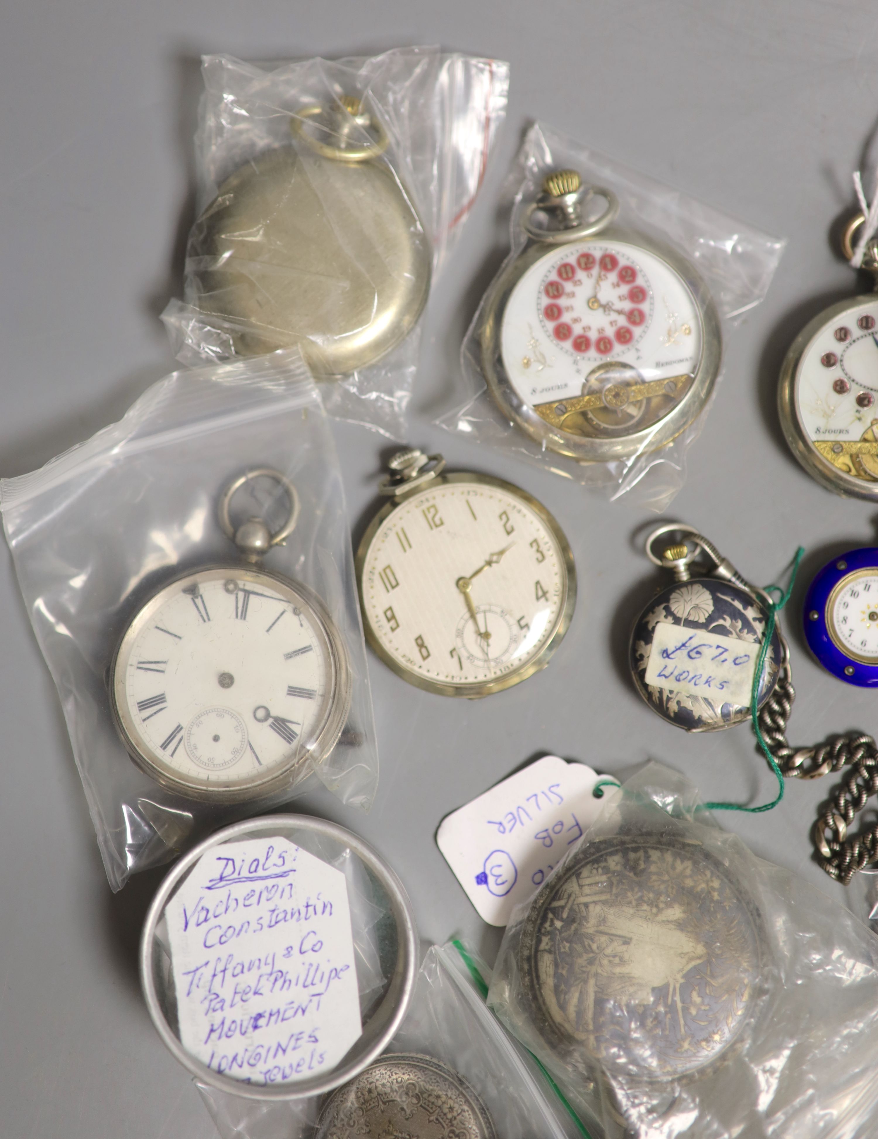 A quantity of pocket watches, movements etc. including three Hebdomas, one 800 standard, a Zenith, Longines, mostly a.f.